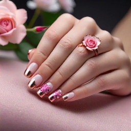 short french tip nails with three pink flowers on the ring finger in three different colors with a rose gold center