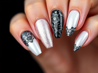 Thumb: Long stiletto shape with a pearlescent white/silver cat-eye base. The French tip features a black lace pattern with floral and fishnet details, outlined in black and accented with small sparkles/rhinestones along the French boundary line.   Index Finger: Pearl cat-eye base with a deep French tip. The tip is filled with black lace floral linework, outlined in black with a small central rhinestone accent where the French line peaks.   Middle Finger: Pearly shimmer base with a French tip featuring detailed black lace patterns and delicate rhinestone embellishments near the smile line.   Ring Finger: black background, "it girl" written sideways on white and cursive Little Finger (Pinky): Pearl cat-eye base with a crisp black lace French tip pattern and tiny rhinestones detailing the inner edge.