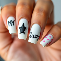 coffin nails, medium length. Thumb, white base with NY logo in black. Pointer finger, white French tip with black star. Middle finger, black French tip with two chrome hearts style crosses in white. Ring finger, white base with ‘Swag’ in black blocky letters down the whole nail. Pinky finger, white French tip with pink dots