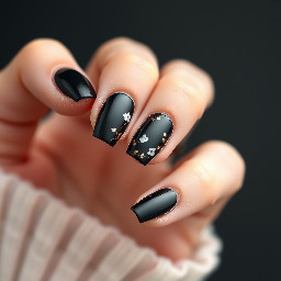 Elegant black nail design with a glossy or matte black base. Delicate floral details in white or soft pink, with thin, minimal linework. Subtle gold accents for contrast. Sophisticated, modern, and minimal