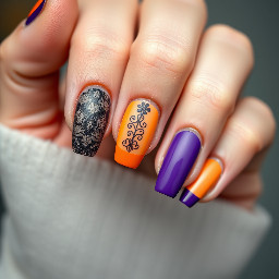 Almond nails, black lace, orange French tips, purple matte