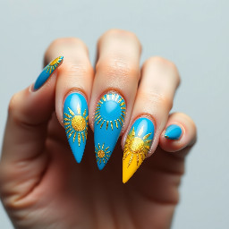 long sharp nails ending in a pointy tip based off a cha racter whose main colours are bright neon blue and golden, with sun motifs
