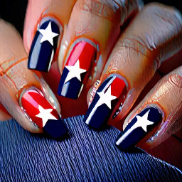 almond nails, thumb, pointer, pinky all plain red, middle finger, navy with white star, ring finger, navy French tip