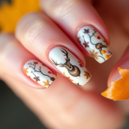 Fall themed nails with designs including deer print