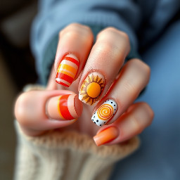 I want a autumn ish vibe, with horizontal stripes, poka dots, some plain nails, and a swirly sun