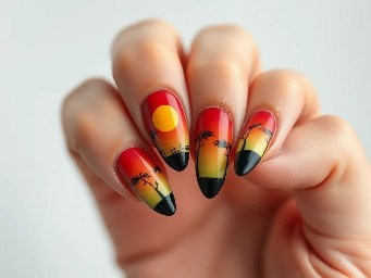 Almond shape nails with a pretty sunset pattern that isn’t too hard to paint