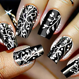 Silver chrome nails with delicate, hand-painted black vine patterns and tiny clear crystal accents, high-shine finish