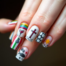 A set of colorful nails with patterns liek striped and dots some full color some French tip with symbols one on each nail the symbols are Christian themed, they are as followed bread,wine,sheep,nails,cross,crown of thorns,star,tomb stone,fish,three dots representing the trinity