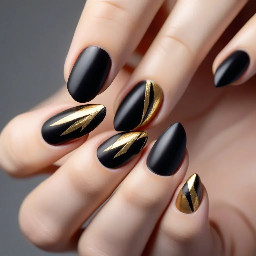 Black almond nails with a gold French tip