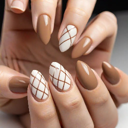 simple almond nails. cute fall vibes. include a grid pattern. really easy and simple. browns beiges and whites
