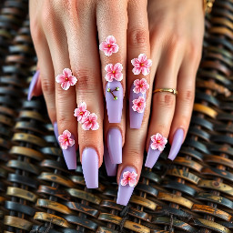 Ultra-realistic close-up macro photograph of two hands with long stiletto-shaped acrylic nails, clasped together showing all ten fingers. Nails are painted in a soft lavender-purple matte polish with a glossy finish. Each nail features hand-sculpted 3D pink sakura cherry blossom flowers made of acrylic gel, with five-petaled blossoms in soft pink gradient shading (light pink center to deeper pink edges), tiny yellow-dotted stamens at the flower centers, and delicate hand-painted green leaves alongside thin dark brown tree-branch line art with small red berry accents on some nails. The 3D flowers have realistic dimensional texture and subtle shadow depth, appearing raised off the nail surface. Hands rest on a dark woven wicker/rattan textured surface. Fingers are adorned with delicate gold rings and one blue gemstone ring, with a woven friendship bracelet visible on one wrist. Soft, warm, natural studio lighting highlights the glossy nail polish sheen and the matte-to-gloss contrast between the base color and the floral appliqués. Skin has realistic natural texture, pores, and subtle color variation. Shot in high-resolution macro photography style, shallow depth of field with slight softness at the edges of the frame, professional nail art photography aesthetic.  Negative prompt guidance: no extra fingers, no warped hand anatomy, no flat/2D-looking flowers, no plastic shine, no blurry details on the floral design, no unrealistic proportions.