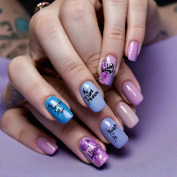 Steve lacy oh yeah? Album inspired nails, almond shape, random soft shapes blues pinks purples calm tattoos and the quote “life is but a stain not a tattoo”