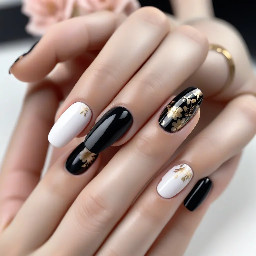 Elegant black nail design with a glossy or matte black base. Delicate floral details in white or soft pink, with thin, minimal linework. Subtle gold accents for contrast. Sophisticated, modern, and minimal