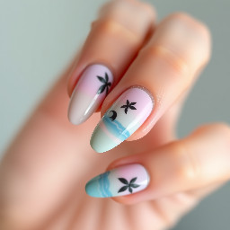 beachy nails simple but different designs for each nail, almond, med length