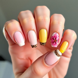 Nail Shape  Almond  Color Palette  Baby pink  Soft pastel yellow  Creamy white  Nude/blush base  Brown/black leopard accents Left Hand  Thumb – Light baby pink shell/ribbed texture nail.  Index – Aura ombré: pink → yellow  pink center glow  fades outward into yellow.  Middle – Nude/blush base with leopard French tip.  Ring – Creamy white base with pink hibiscus flower.  Pinky – Aura ombré: yellow → pink  yellow center glow fades outward into pink. Right Hand  Thumb – Light yellow shell/ribbed texture nail.  Index – Aura ombré: yellow → pink.  Middle – Creamy white base with pink hibiscus flower.  Ring – Nude/blush base with leopard French tip.  Pinky – Aura ombré: pink → yellow. What the ombré should look like  Pink → Yellow: soft pink glow center fading into pastel yellow.  Yellow → Pink: warm yellow glow center fading into baby pink.  Very soft blended “aura” circle, not a harsh gradient.