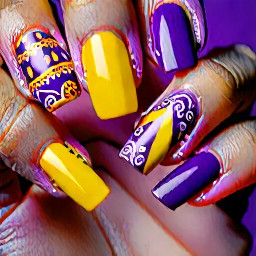 Easter nail art, purple and yellow