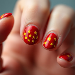 Rounded nails with red varnish and yellow stars