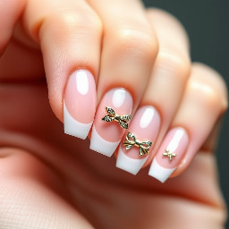 Coquette ballerina nails with french tips and bow charms