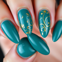Make almond shaped nails that have designs on them that aren’t too simple but also aren’t too much. I was them to be like a darker teal to match my hoco dress. They can also have gold and other colors if necessary