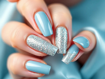 I am wearing a silk light blue dress with sparkles and accessorizing with sparkly silver heels and a sparkly silver handbag for my dance. I want my nails to match my fut