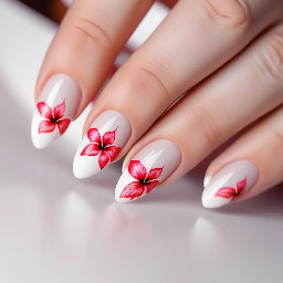 white french tip on almond nails with a hibiscus flower on the ring finger along with the french tip