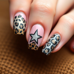 Leopard print French tip on the thumb, index finger and pinky finger A star on middle finger with leopard print with light pink background  And in ring finger do some chrome y2k on brown background