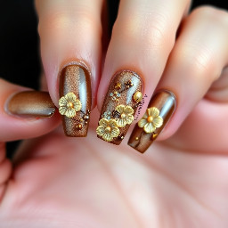 I want some nails the a square that are brown and gold with bangers and 3d flowers with each finger being a new design