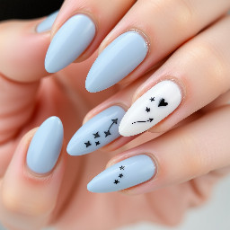 short almond nails, soft cornflower blue and milky natural tones, delicate black minimalist line art, subtle symbols inspired by individuality and emotional expression, small black hearts representing belonging and community, fine stars and abstract handwritten style lines inspired by “hope for the underrated youth”, soft and elegant with a hint of edgy personality, glossy finish