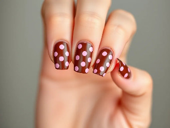 Generate a square French tip with a dark chestnut Brown with baby pink polka dots.