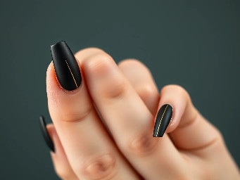 Coffin shaped Matte black nails with gold and silver lines
