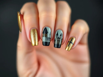 Harry potter house frensh tips whith gold pinkie