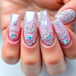 covered in Swarovski-style crystals with a structured geometric. The nails should feel expensive, glamorous, feminine, and red-carpet worthy—not childish or simple. Use long square nails with a mix of milky nude, icy lilac, lavender chrome, and iridescent shimmer. Include intricate silver chrome swirls, crystal clusters, AB rhinestones, celestial details, and fine glitter. Make every nail unique while keeping the set cohesive. Show the thumb clearly. The overall vibe should be McBling, Y2K luxury, Swarovski couture, icy glam, and high-end nail artist work. Ultra-realistic, salon-quality, Pinterest-worthy, macro photography, flawless cuticles, glossy finish, dramatic sparkle, soft studio lighting. Avoid cartoonish designs, flowers, bright colours, short nails, or minimalism.
