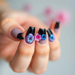Cat claw shaped black nails with purple iridescent flower , pink iridescent flower, blue iridescent flower