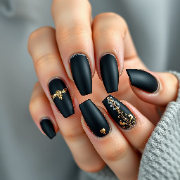 Coffin shaped Matte black nails with gold and silver designs