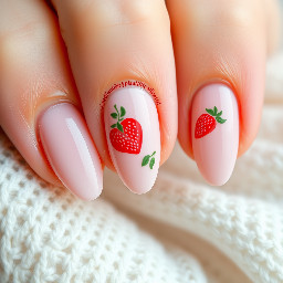 almond nails with blush design, strawberries
