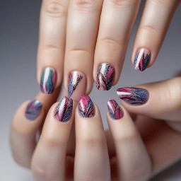 In style of macro photo, single hand, create nail art on fingernails based on: nails centered full view, sharp focus, true color, photoreal, 4k