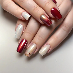 Create a realistic, high-resolution nail art reference featuring medium-length soft square nails with gently rounded corners. Use a minimalist, elegant color palette of vibrant ruby red, pearly white, and champagne gold.  All ten nails must feature a luminous aurora cat-eye gel effect, with multidimensional magnetic reflections, soft shifting light, and a glossy, glass-like finish. Balance the three colors harmoniously, using ruby red as the dominant color, pearly white for contrast, and champagne gold as a subtle metallic accent.  Add one tiny, delicate gold star on a pearly white nail. Keep the overall design clean, modern, and sophisticated, with no rhinestones, excessive glitter, 3D decorations, elaborate patterns, French tips, or chrome-only nails.  The red should be vivid ruby red, not burgundy or brown. The white should have a soft pearlescent glow, and the gold should be warm champagne gold rather than bright yellow.  Show a realistic close-up of both hands with all nails clearly visible, emphasizing the medium length, consistent soft square shape, and beautiful aurora cat-eye reflections. Use soft studio lighting, a neutral beige background, and professional salon photography. The final design should look elegant, wearable, and practical for a nail technician to recreate.