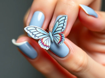 Create an almond pastel blue with white and a 3d butterfly on the ring finger