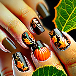 Fall nails almond with coffee cup, pumpkin, leaves, etc but very simple