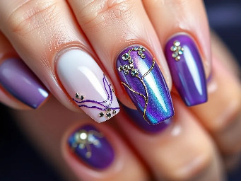 design some inspo nail art with the following tags: almond, oil spill, chrome line art, gemstones, rhinestones, purple magnetic gel, iridescent blue-purple gel