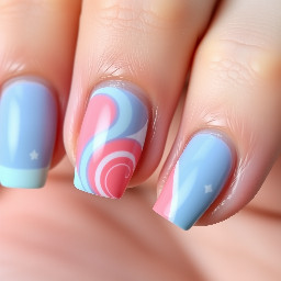 Coral, pastel blue/ colors, french tips, waves