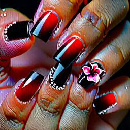 A black French tip with a small tilted XO with a small heart above it tilted sideways on the pointer finger and then a cherry red ombre flower in the middle of the ring finger Medium square shaped