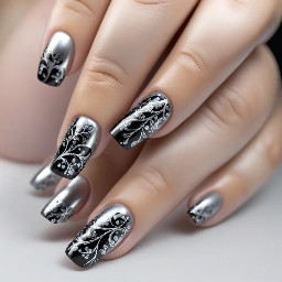 Silver chrome nails with delicate, hand-painted black vine patterns and tiny clear crystal accents, high-shine finish