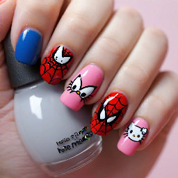 Can u create an image of Spider-Man x Hello Kitty set, I'd prefer for the color scheme to look nice and not dark blue and baby pink for example, like I stead try to do red Spiderman and red hello kitty u feel me, and then make then look cute like almond shaped btw