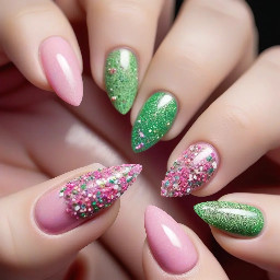 i want pink and green fancy nancy glitter princess whimsy almond shape nails
