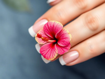 white french tip on almond nails with a hibiscus flower on the ring finger along with the french tip