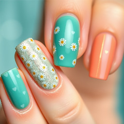 Thumb: Plain, solid no. design teal shimmer Pointer Finger: A soft, licoral base completely covered in tiny gold and teal hearts.Middle Finger: A lighter shimmery teal base decorated strictly with clean white daisies—no leaves or greenery.Ring Finger: A solid, full coat of smooth, metallic soft gold.Pinky Finger: A soft, coral base detailed with crisp vertical stripes and a couple of tiny scattered hearts.