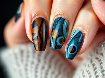 Create multiple images of nail sets with cats eye polish where each nail is a different colour but giving autumn/fall vibes