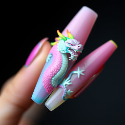 Long Stiletto Nail with design of the pastel rainbow Chinese dragon in full size with rainbow spikes on top of the dragon