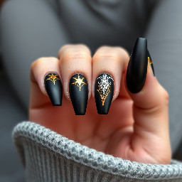 Coffin shaped Matte black nails with gold and silver accents